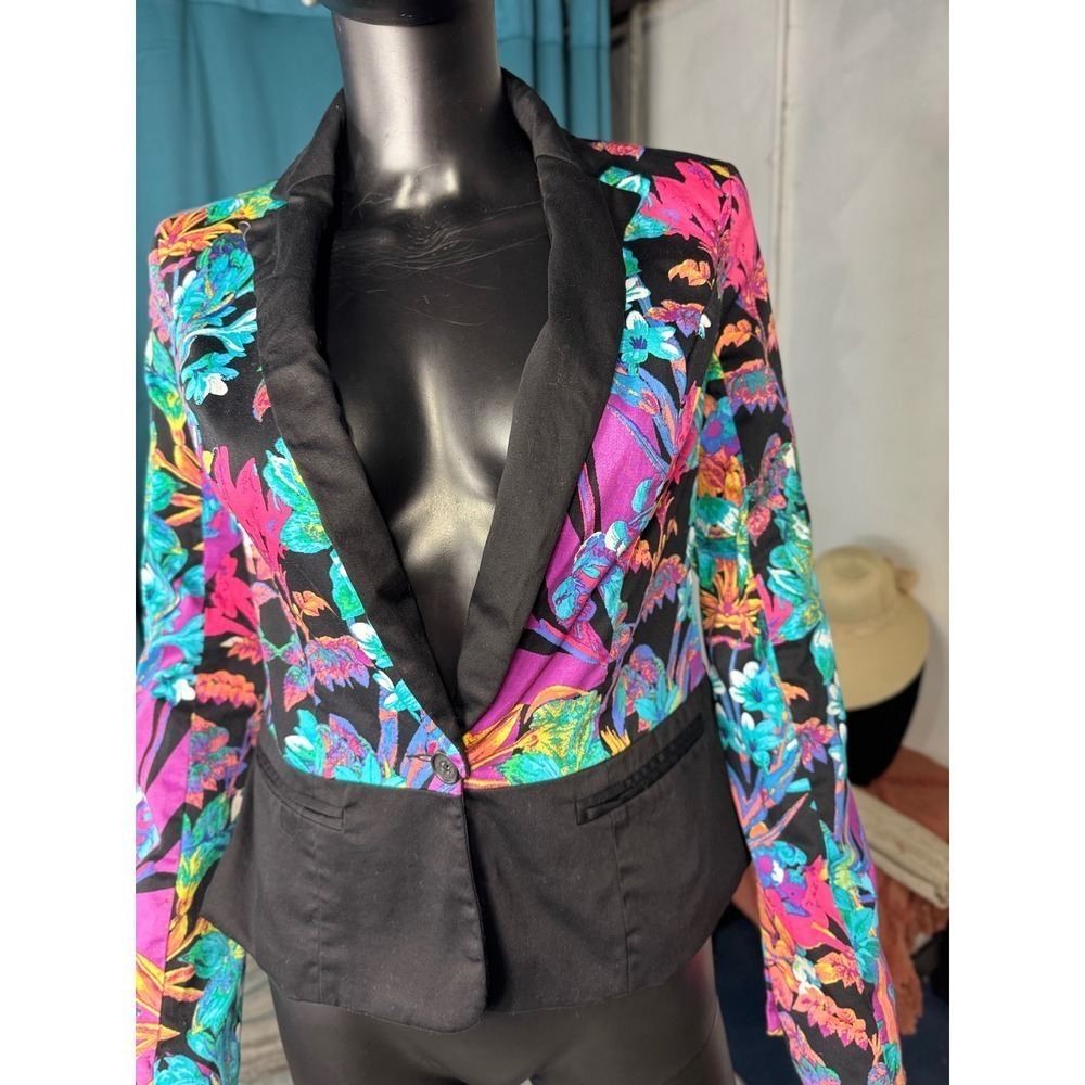 Nicole Miller Colorful Floral Blazer XS Black Tropical Print Party Jacket - Picture 6 of 10